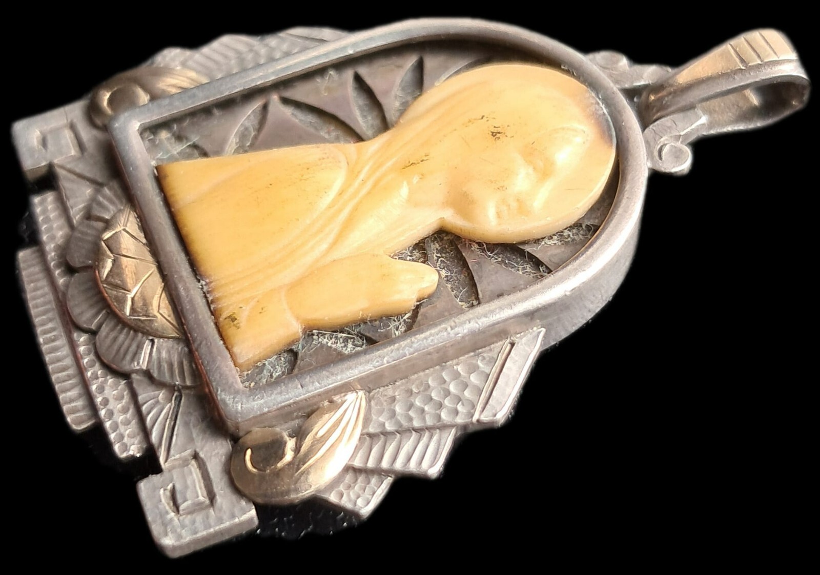 Fine Antique Art Deco Silver & Gold Madonna in Sorrow Virgin Mary Pendant C 1930