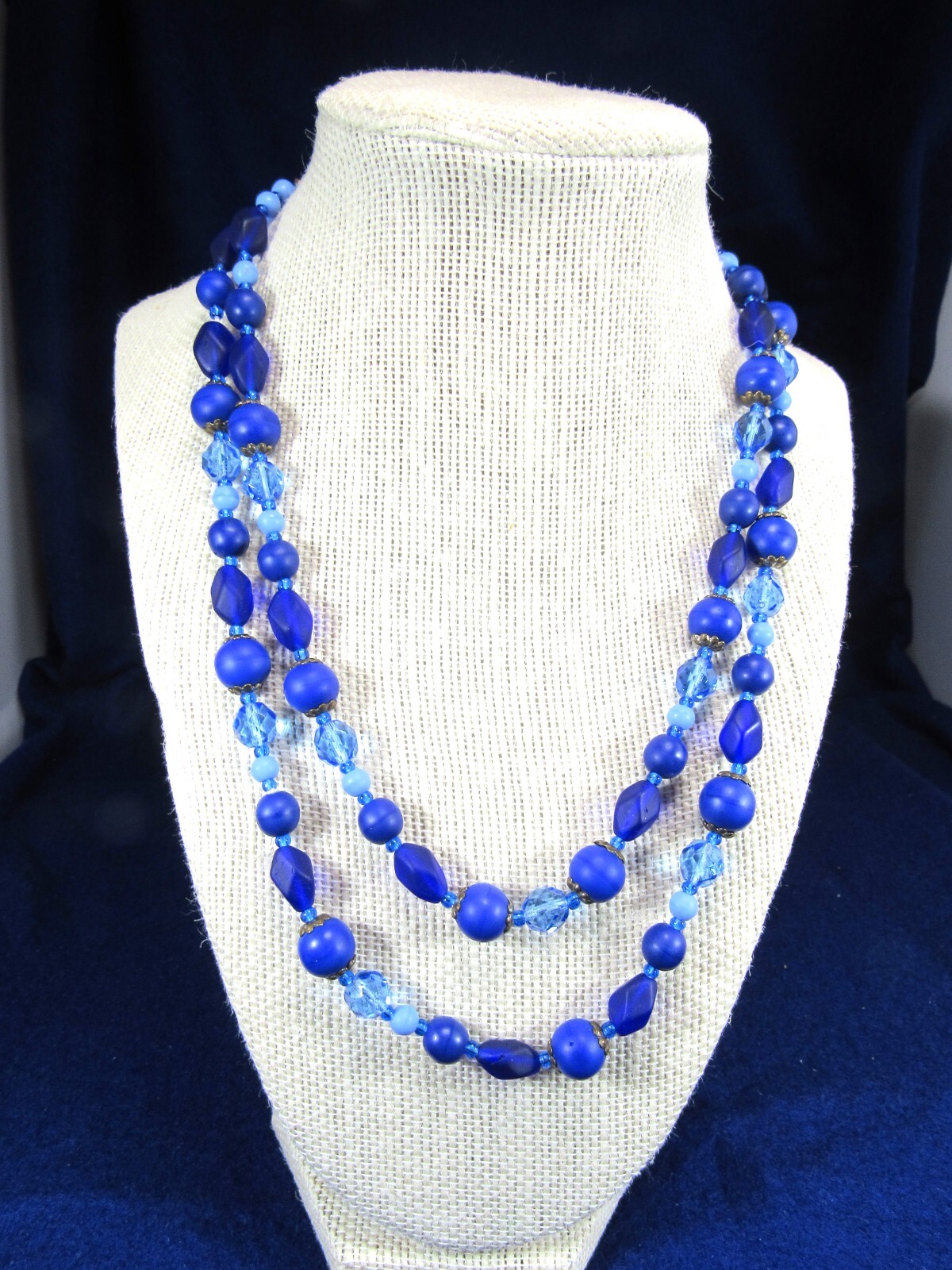 Vintage Blue and Purple 2 Strand Art Glass Bead Necklace with Sea Glass Finish.