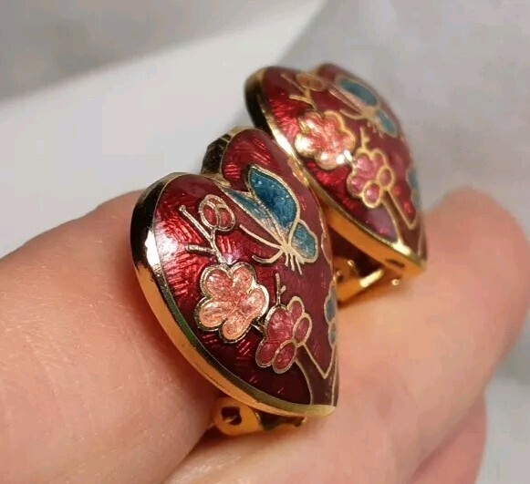 Earring Gold Tone Cloisonne Red Pink Blue Puff Heart Floral Butterfly Clip Vtg