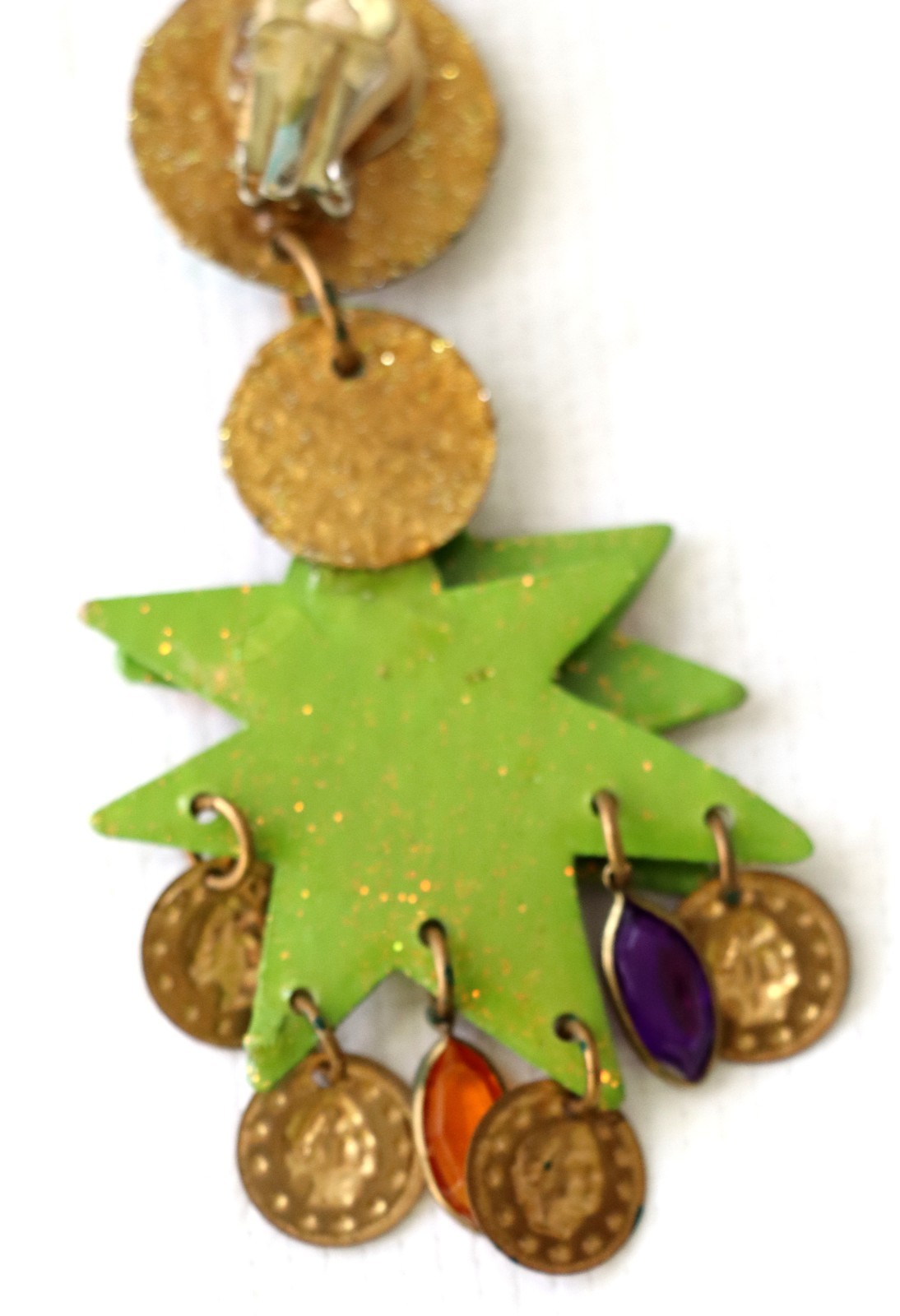Vintage Green Resin Metal Christmas Tree Colorful Clip-On Dangle Earrings 4″