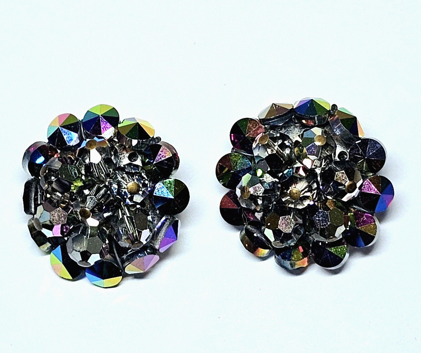 2 Pairs Vtg Aurora Borealis Iridescent Crystal Bead Cluster Clip Earrings 1 Red