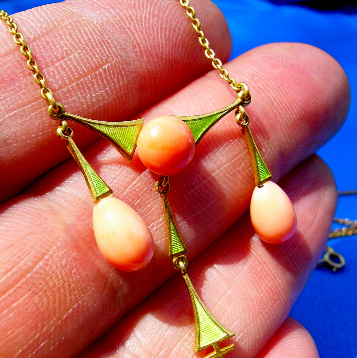 ORIGINAL Art Deco Coral Guilloche Enamel Necklace Solid 14K GOLD 18″ inch Chain