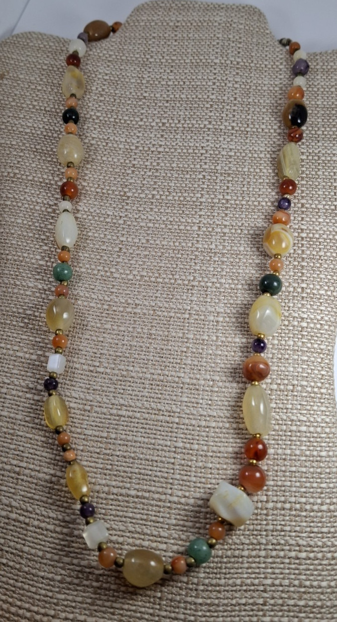 Vintage Necklace Polished Stones Earthtones Mod Boho hippy westerncore brass