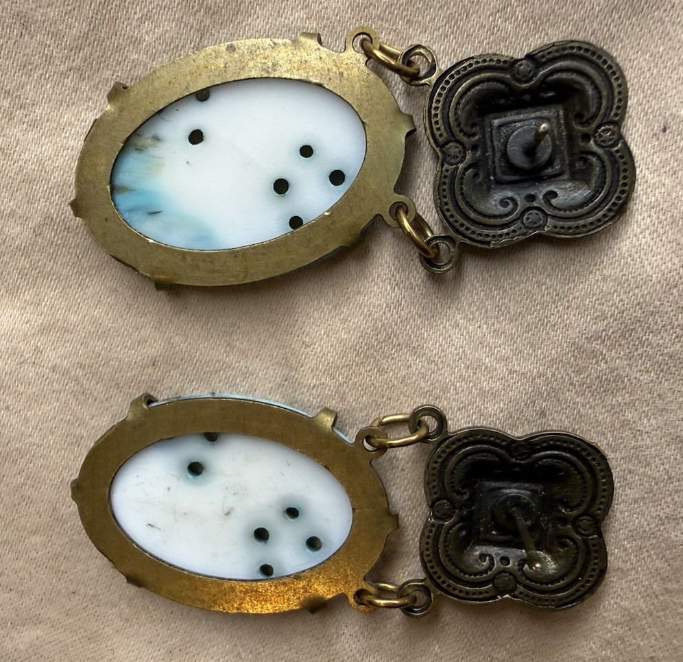 Vintage Glass Works Studio Carved Glass, Enamel , Crystals, Brass tone Earrings