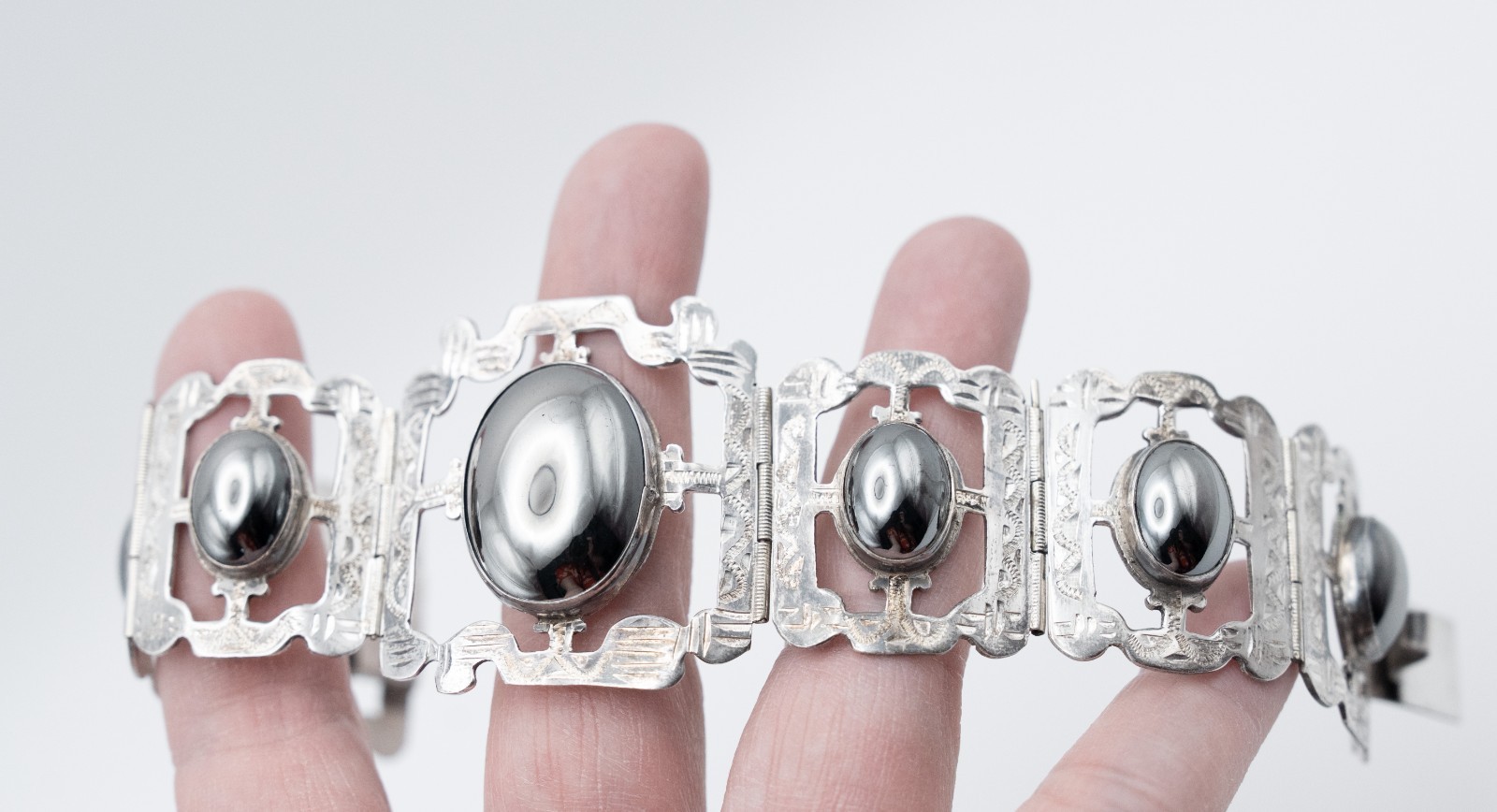 Vintage Mexican Sterling Silver Hematite Panel Link Statement Bracelet 925 53 gr