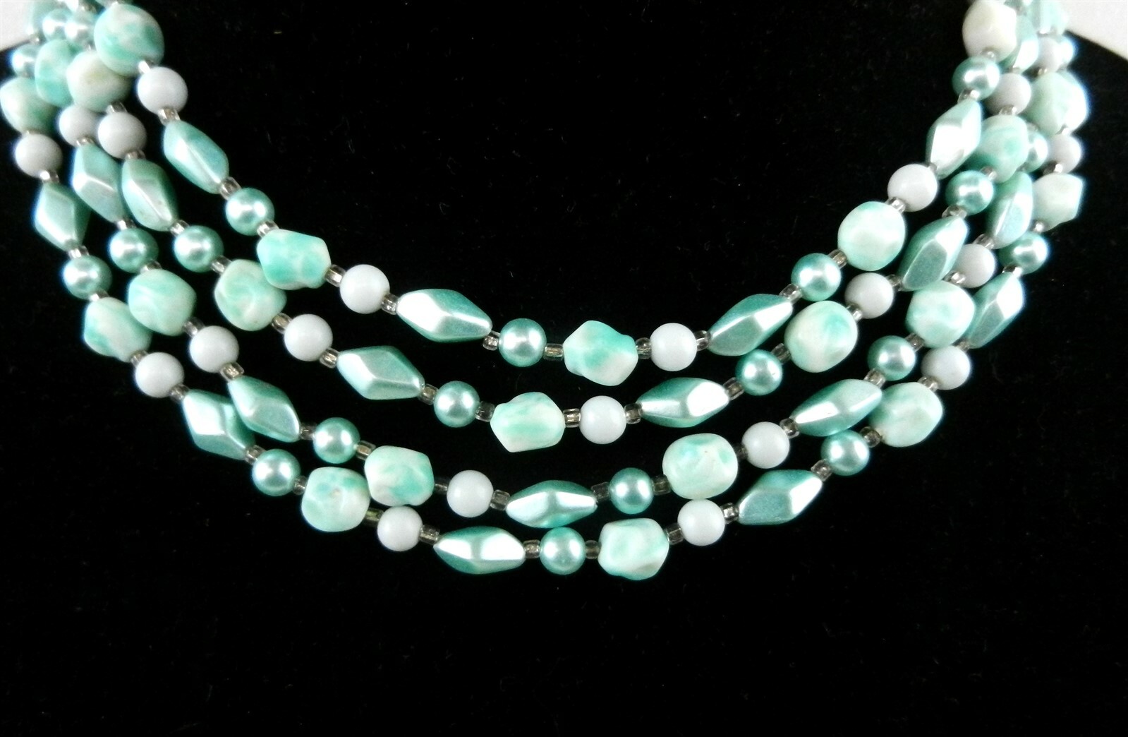 Vtg 4 Strand Necklace w/Earrings Teal Glass Beads Japan 1960’s Clip-on S04B