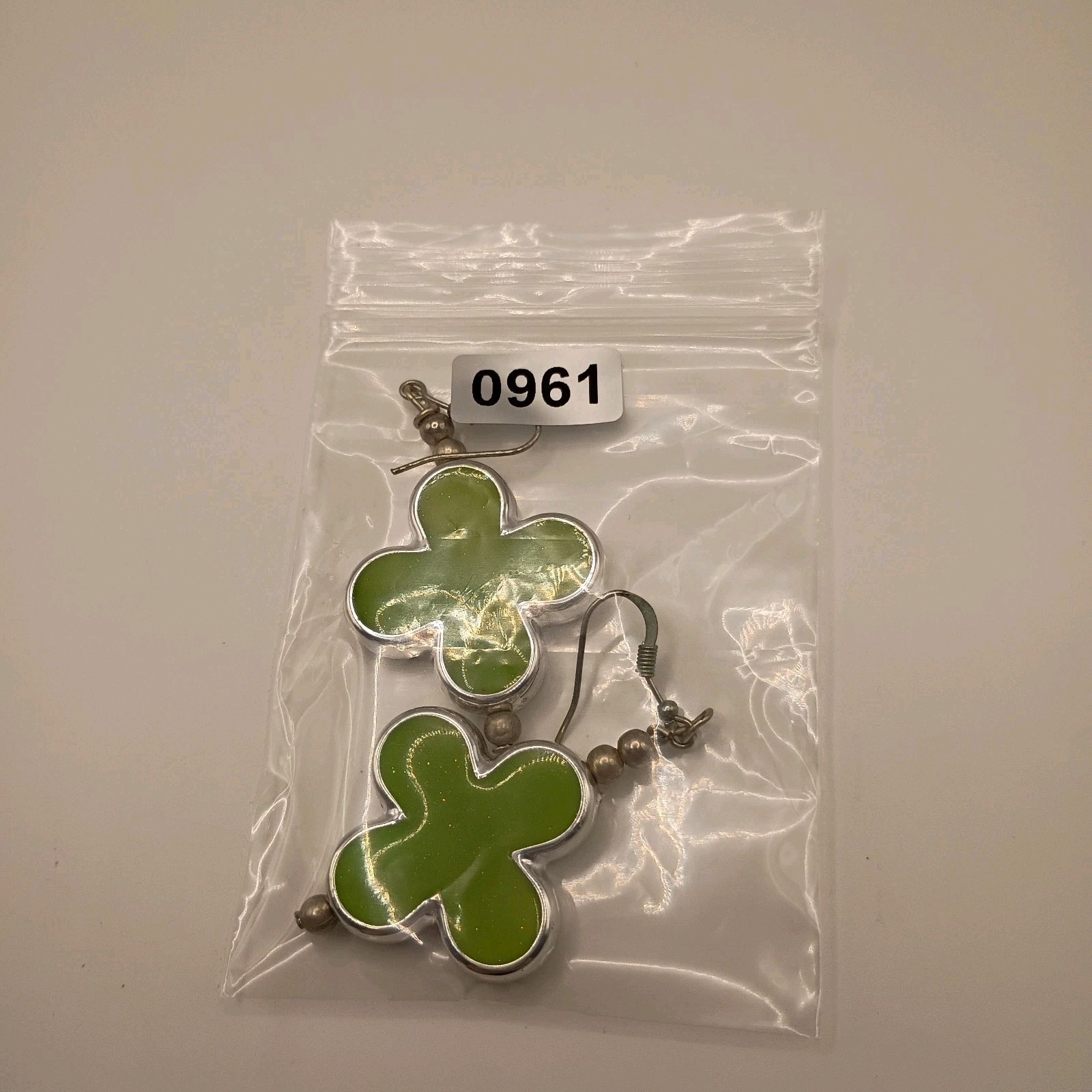 Vintage Retro Pop Art Lime Green Enamel Glitter Clover Dangle Earrings Silver