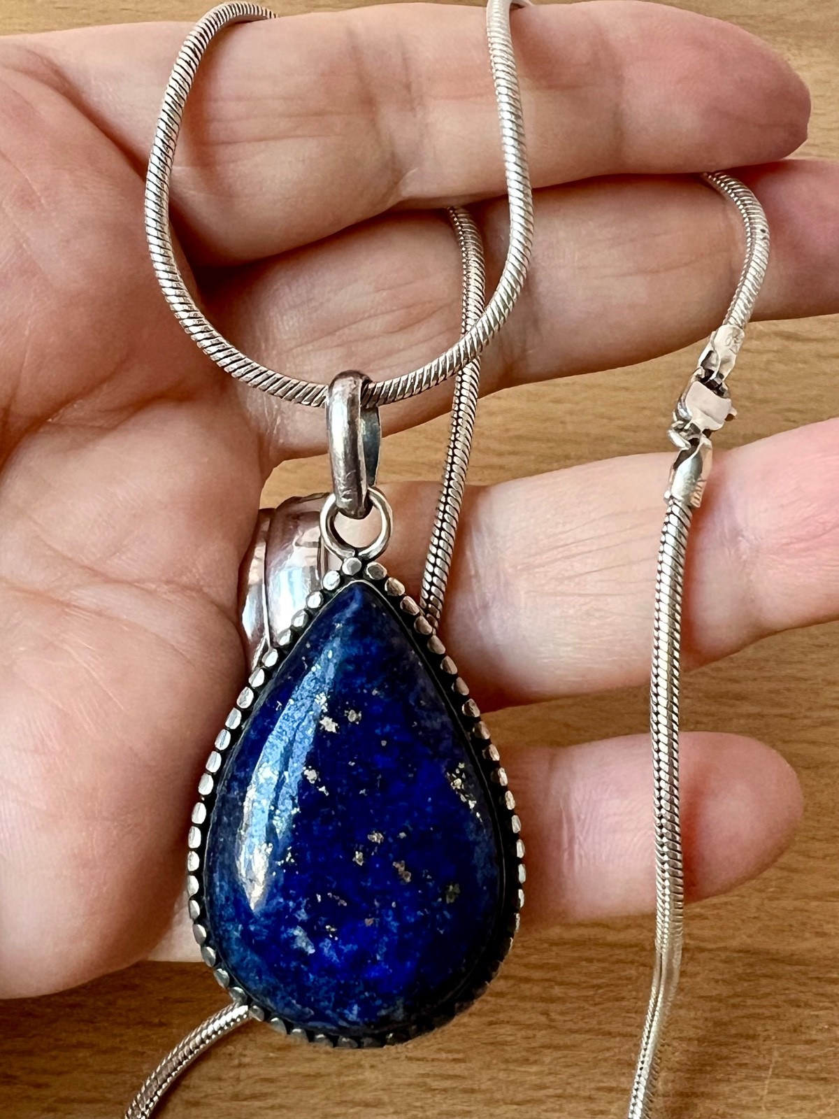 VINTAGE LARGE LAPIS LAZULI PENDANT THICK SNAKE CHAIN NECKLACE 925 STERLING SLVER