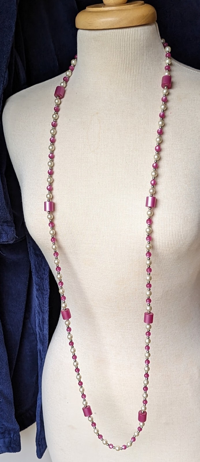 Vintage Opera Length Bead 54″ Necklace Pink Purple Faux White Pearl Silver Tone
