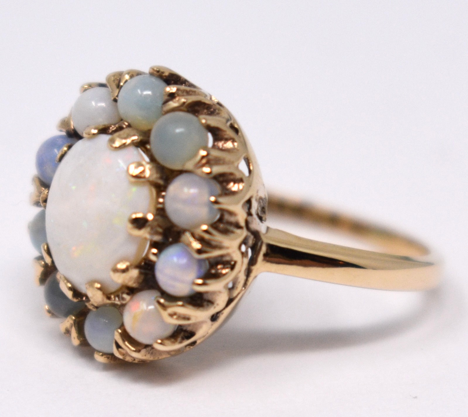 Vintage 10k Solid Yellow Gold Opal Cluster Halo Basket Setting Ring sz. 5.75