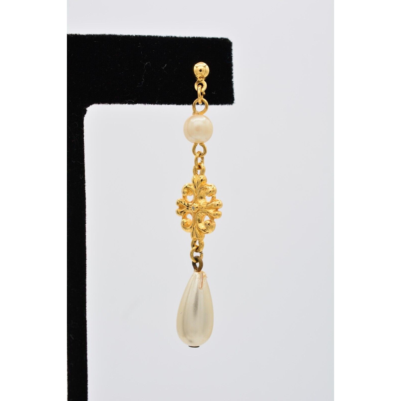 Vintage Dangle Drop Pearl Earrings Gold Tone Lightweight 2.25″ 1980s BinAV