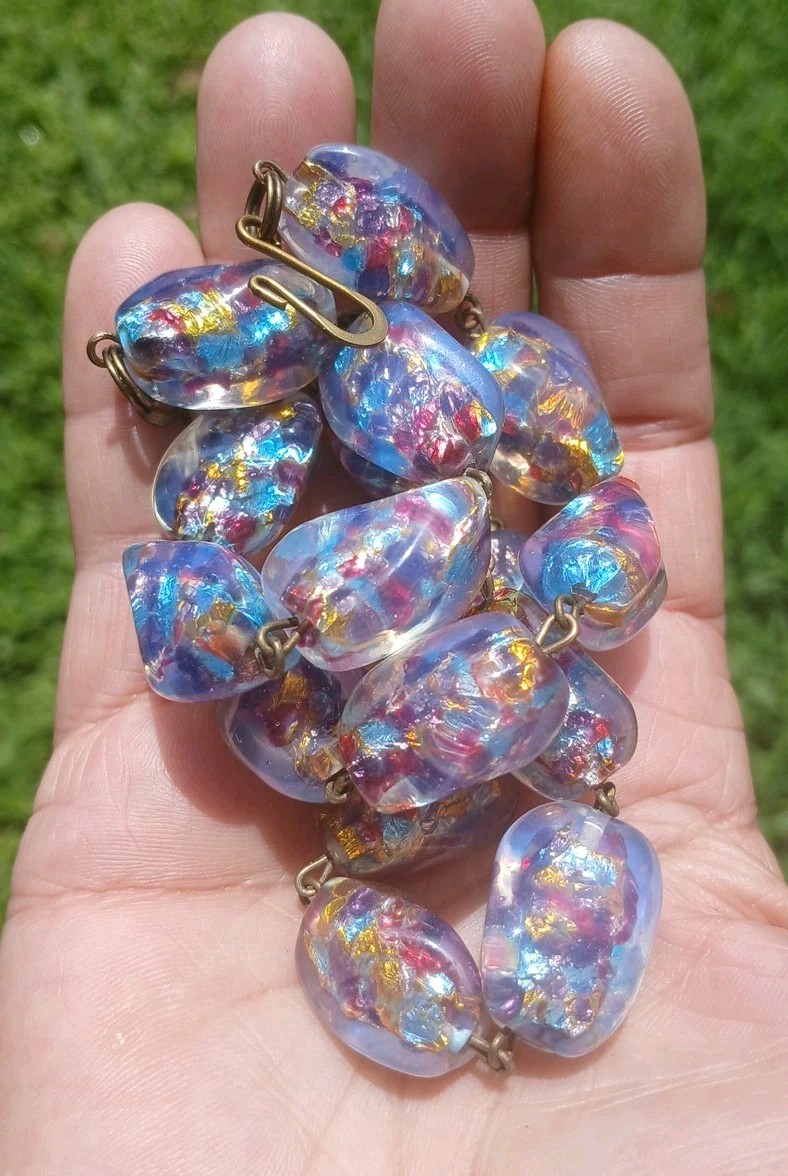 HUGE ANTIQUE JAPAN OPAL CONFETTI GOLD SILVER FOIL ART GLASS NECKLACE SET OOAK