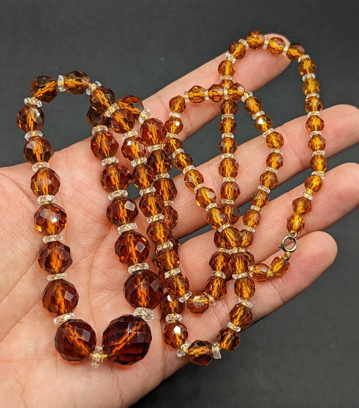 Faceted Amber Topaz Colored Glass Clear Crystal Graduated Bead Necklace 28″