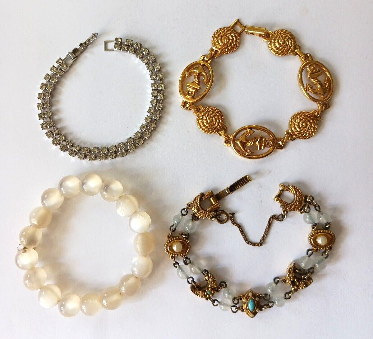 Vintage bracelets. box clasp. safety chain lock, Anchors, stones, rhinestones. 4