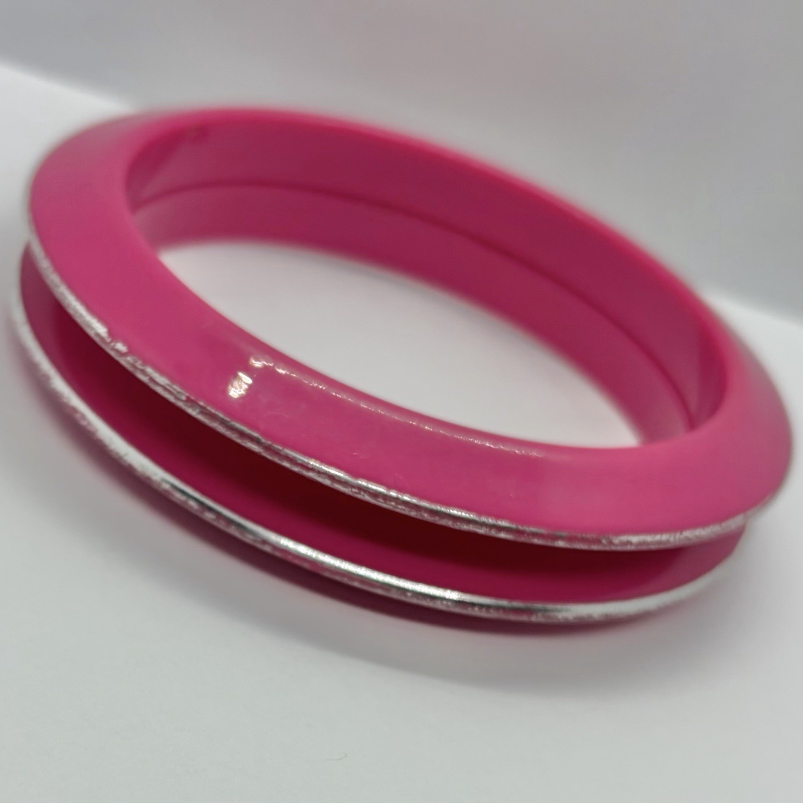 Vtg Pink Chrome Lucite Stacking 9 Inch Saucer Statement Bangle Bracelets Set