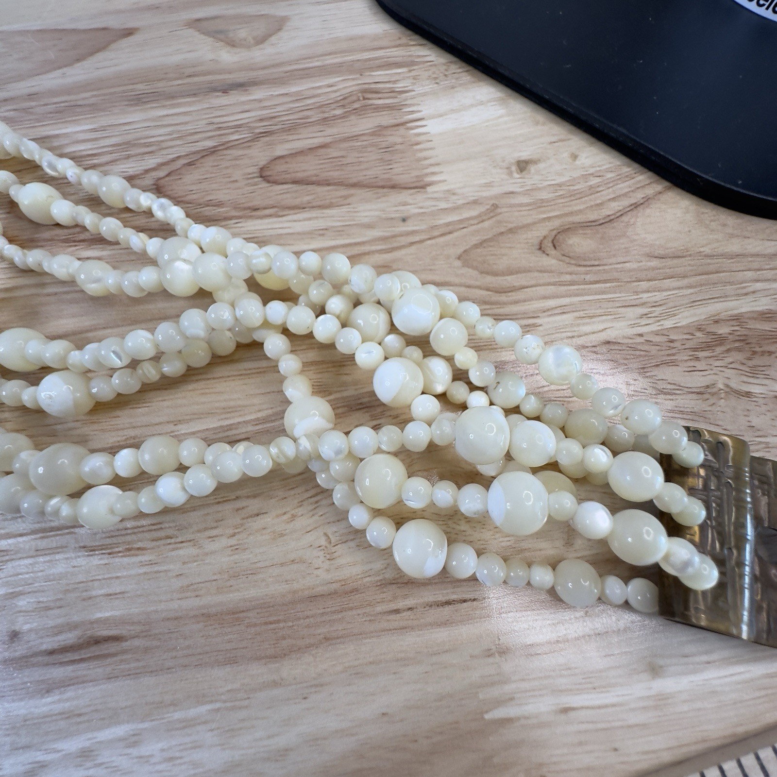 VTG Artisan Necklace Charlene Biesele Mother of Pearl Bead & Repousse Brass 20″