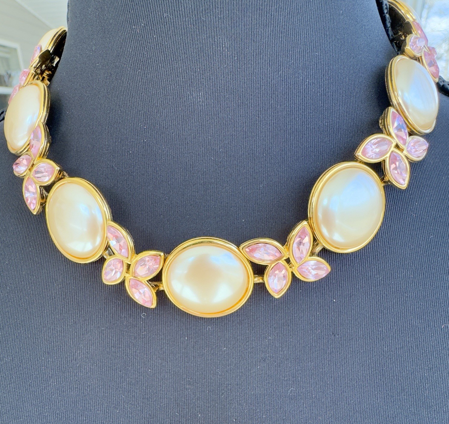 Vintage Monet Runway Necklace Faux Pearls Pink Crystal Gold Tone Statement