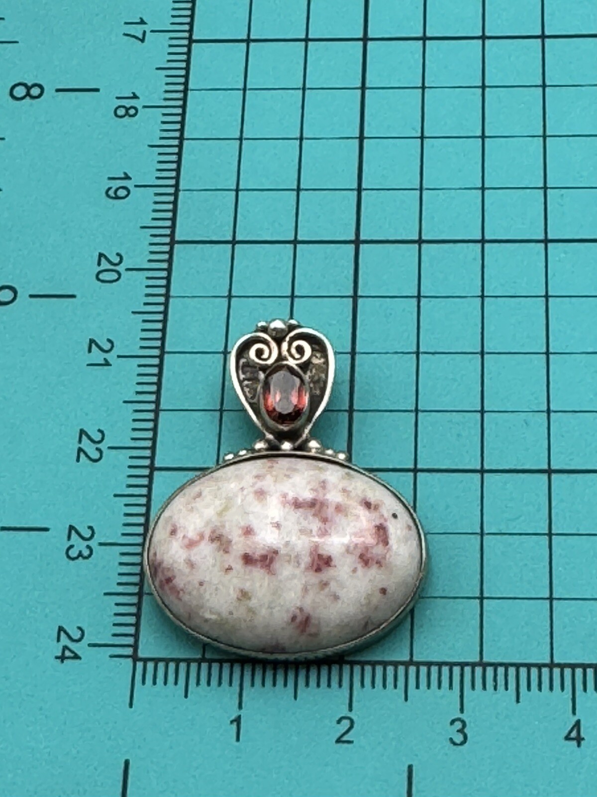Vintage Pendant Sterling 925 Pink Flecked Stone Red Rhinestone ESTATE FIND