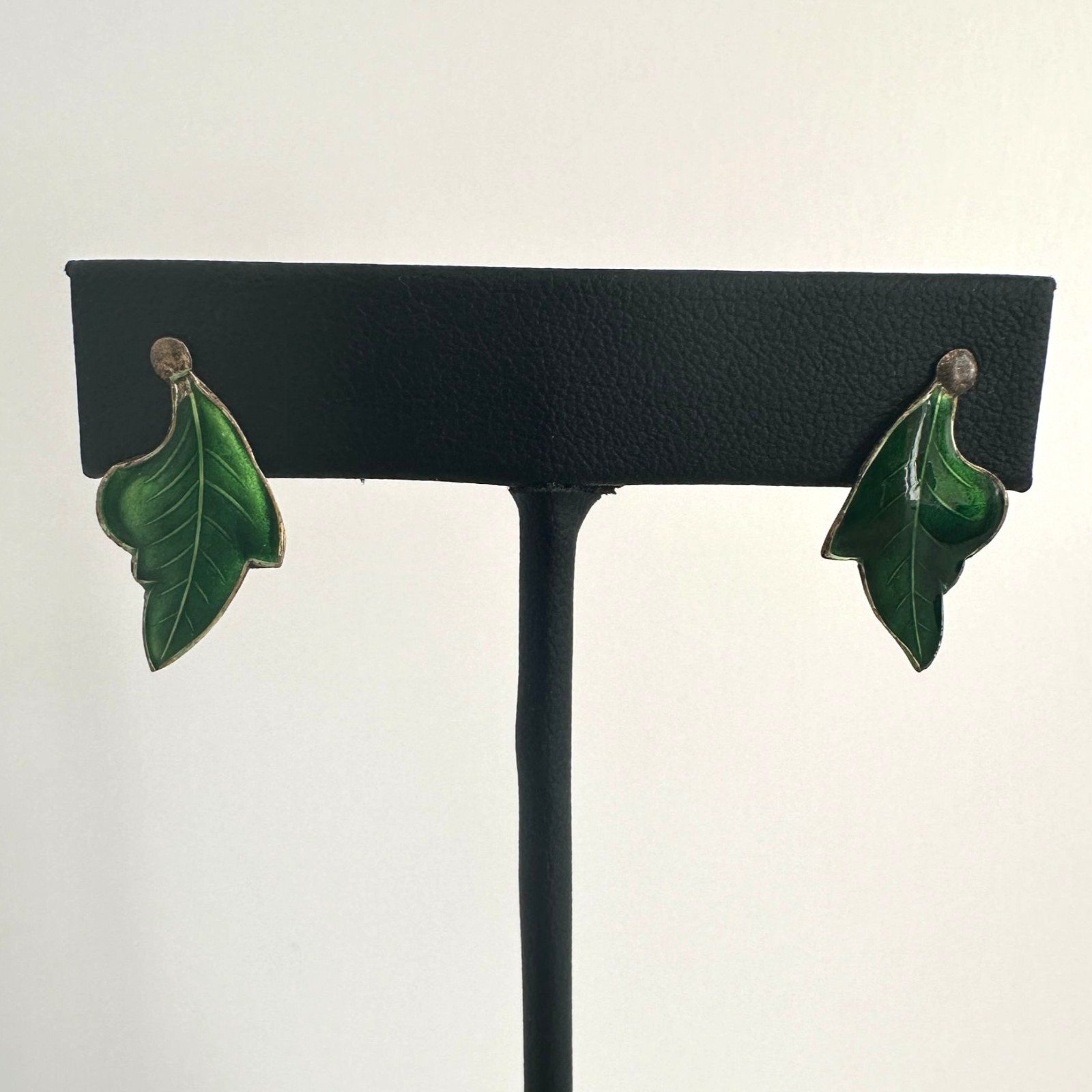 1950s Sterling Silver Green Enamel Leaf Earrings Gold Wash Two Tone Post Backs
