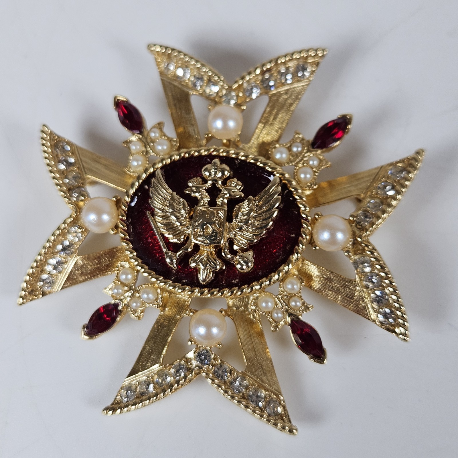 Vintage Maltese Cross Pendant Brooch Gold Red Enamel Pearls Crystals Statement