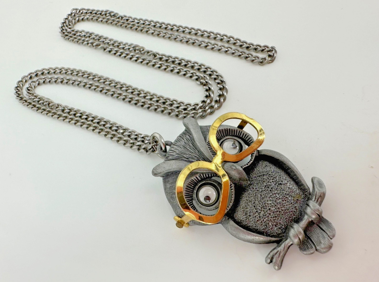 Vintage FAB Pewter Tone Googly Eyed Owl With Movable Eyeglasses Pendant Necklace