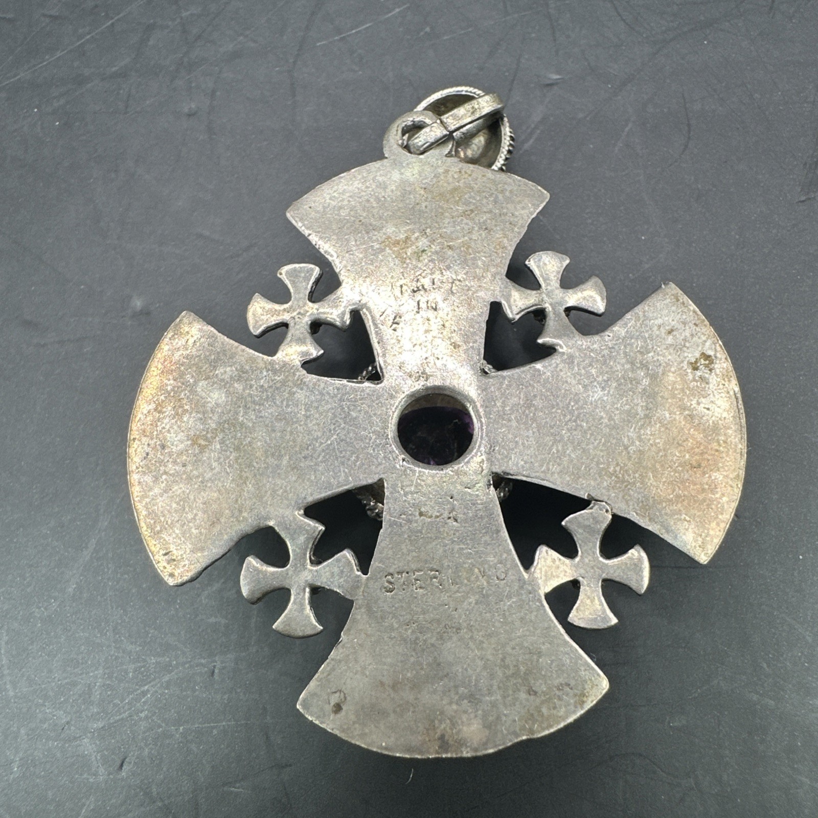 Vtg Sterling Silver Jerusalem Maltese Cross Pendant Amethyst Gothic Revival 15g