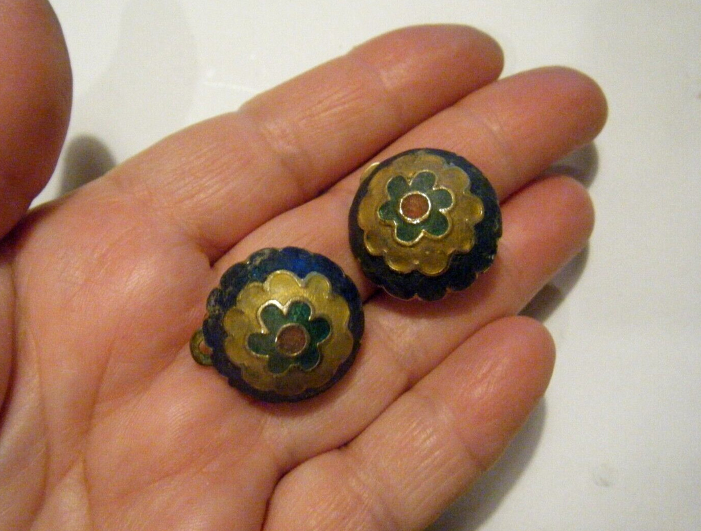 Gold Tone Vintage 70s Orena Paris France Domed Enamel Floral Clip On Earrings