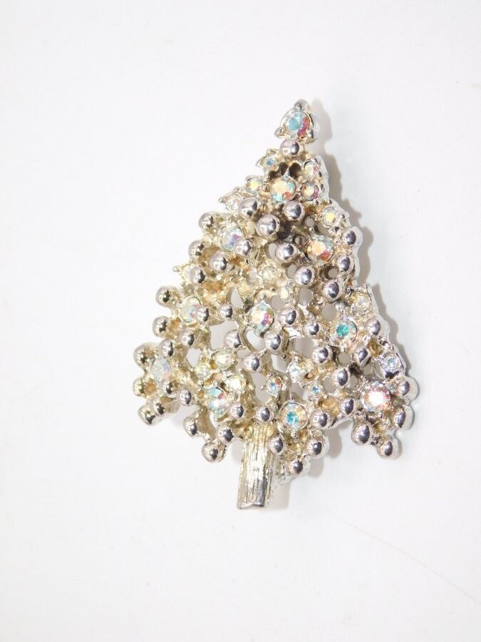 B782-VINTAGE TREE PIN/BROOCH~ABSTRACT WINTER LOOK~SILVER TONE/AB STONES~2″ X 1.5