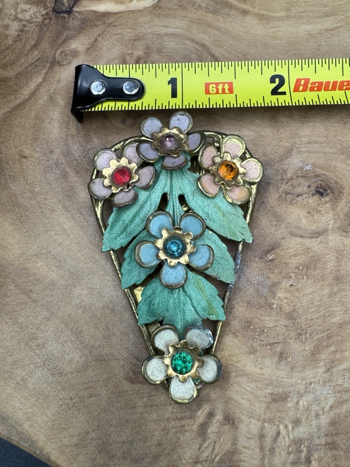 Vtg Heart Brooch Enamel Flowers Leaves Rhinestones Gold Tone