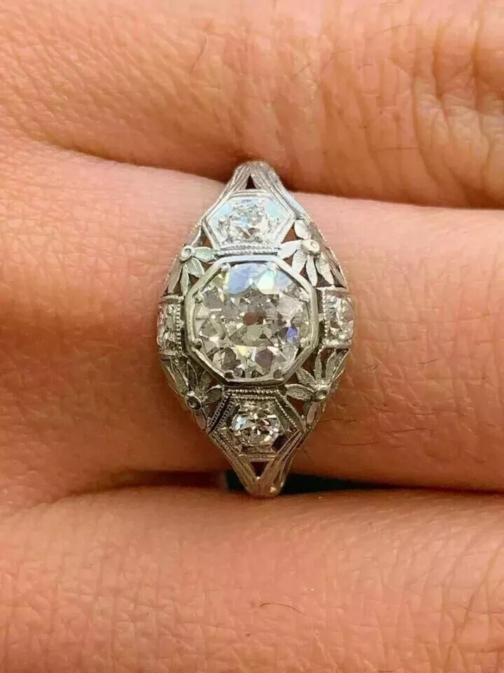 Art Deco Filigree Engagement Ring Vintage Diamond Navette Ring14K White Gold FN