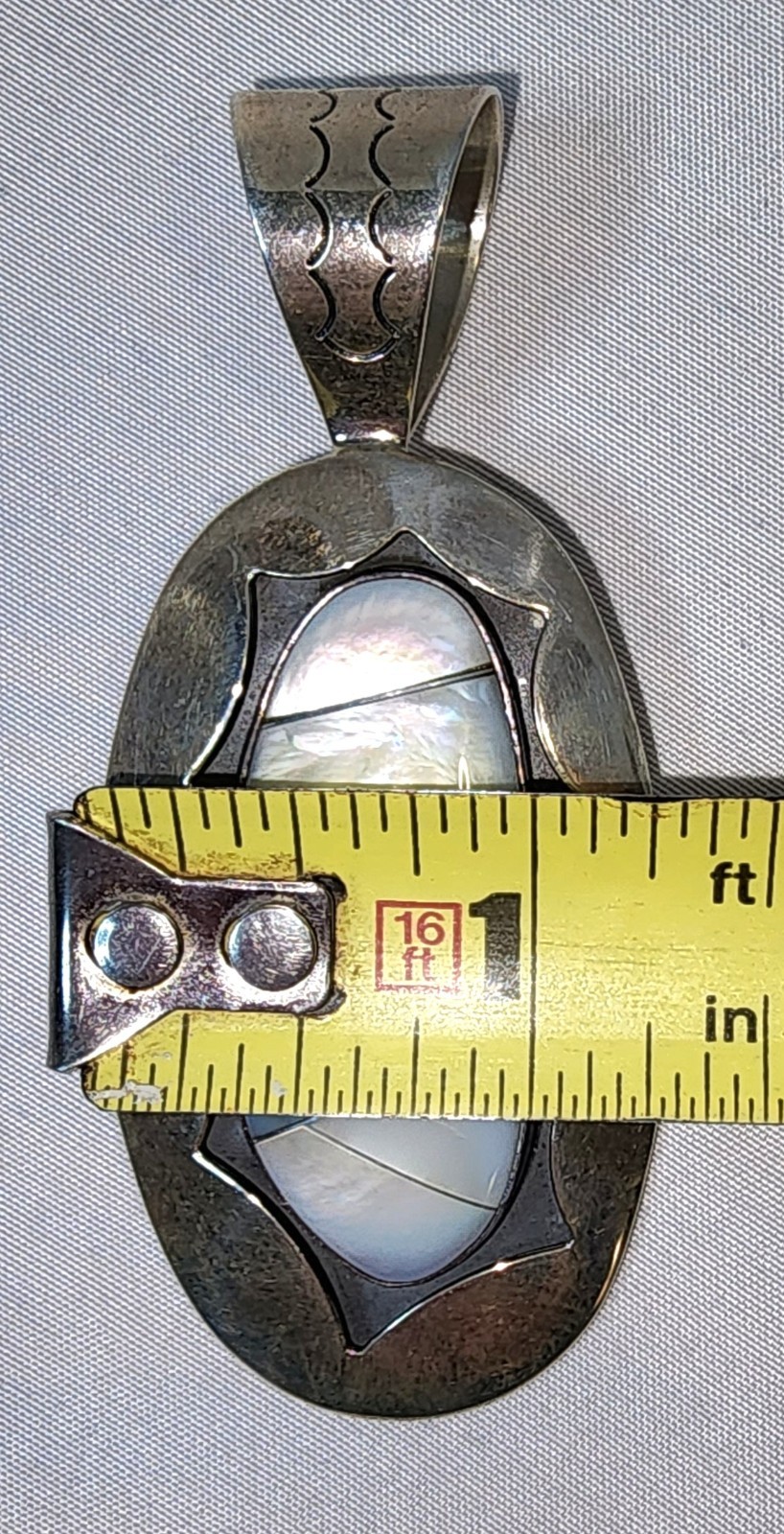 Vtg Sterling Silver Signed DRT Mother of Pearl Inlay shadow box style Pendant