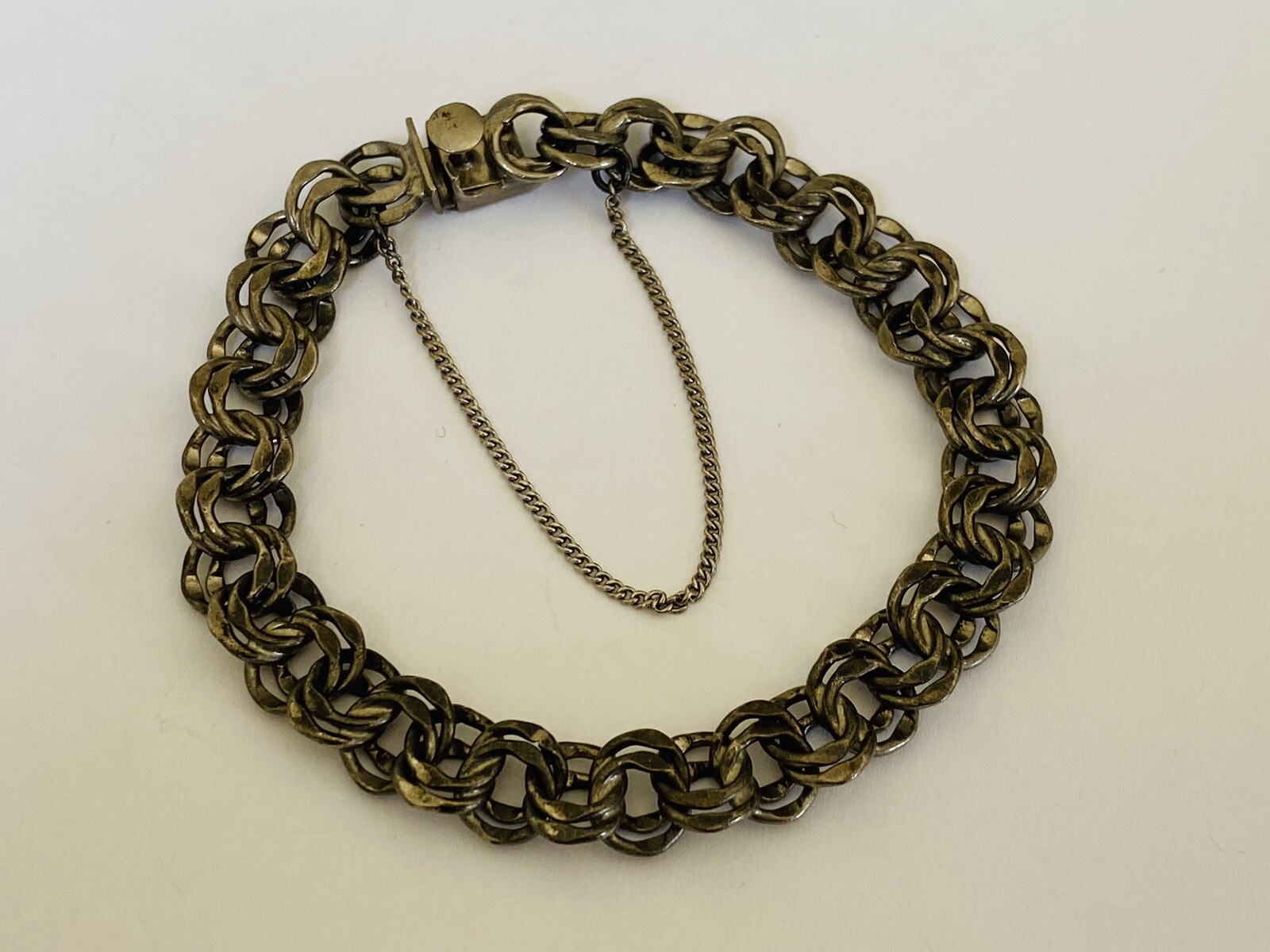 Vintage Signed sterling Silver Double Rolo Link Chain Charm Bracelet 19-Grams