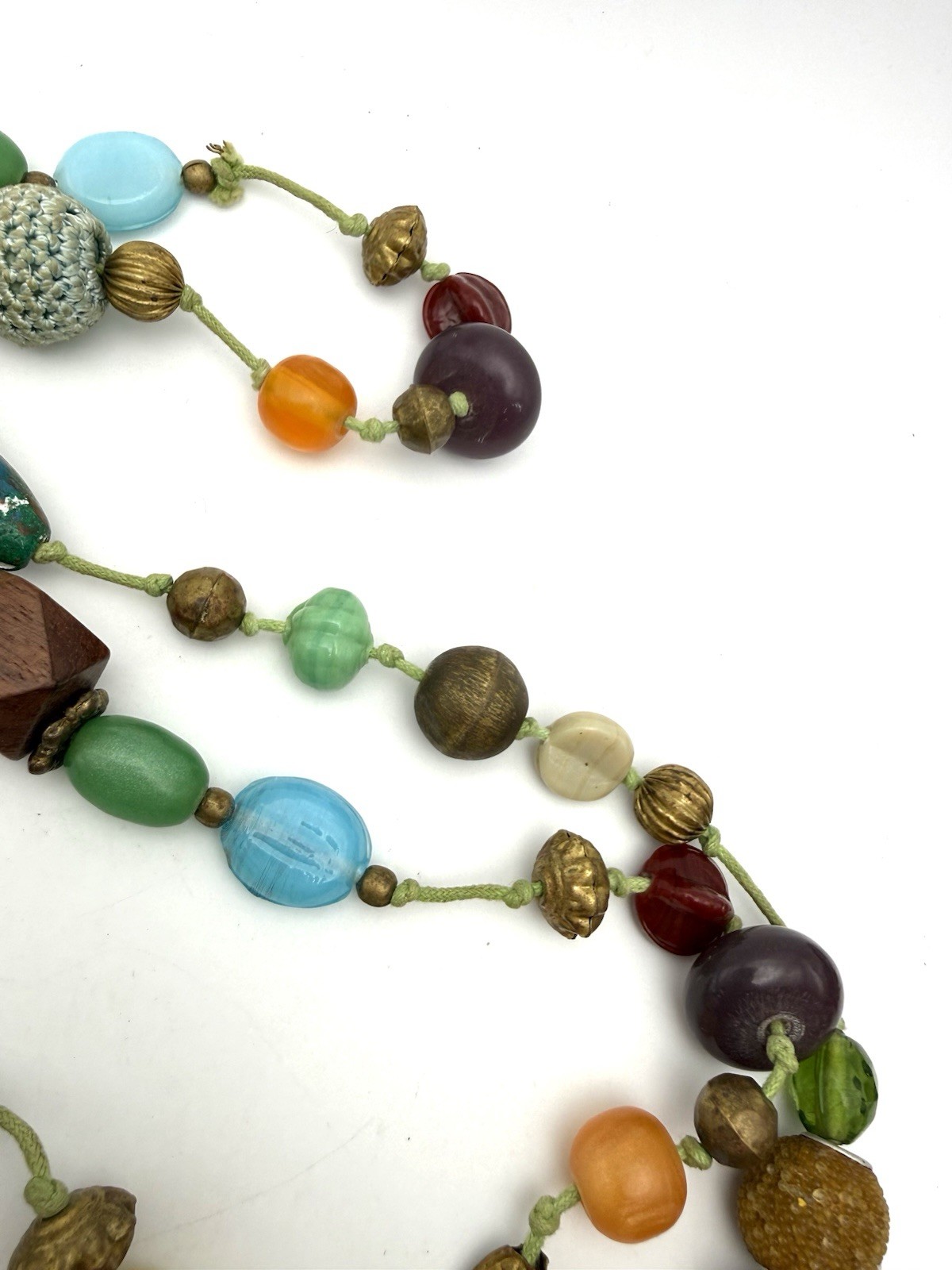 Vintage Mix Bead Necklace Knotted Multicolor Glass Crochet Wood Ceramic Metal 60