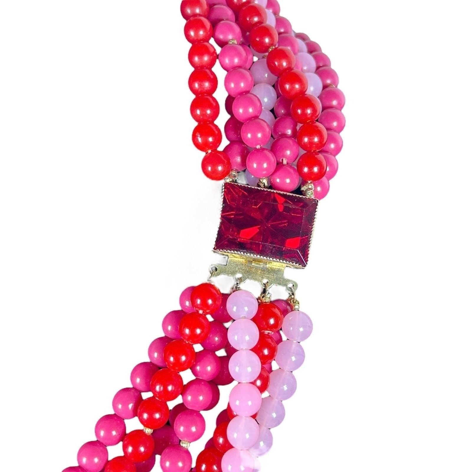 Hattie Carnegie Statement Bead Necklace Pink Red Multistrand 1950s Signed
