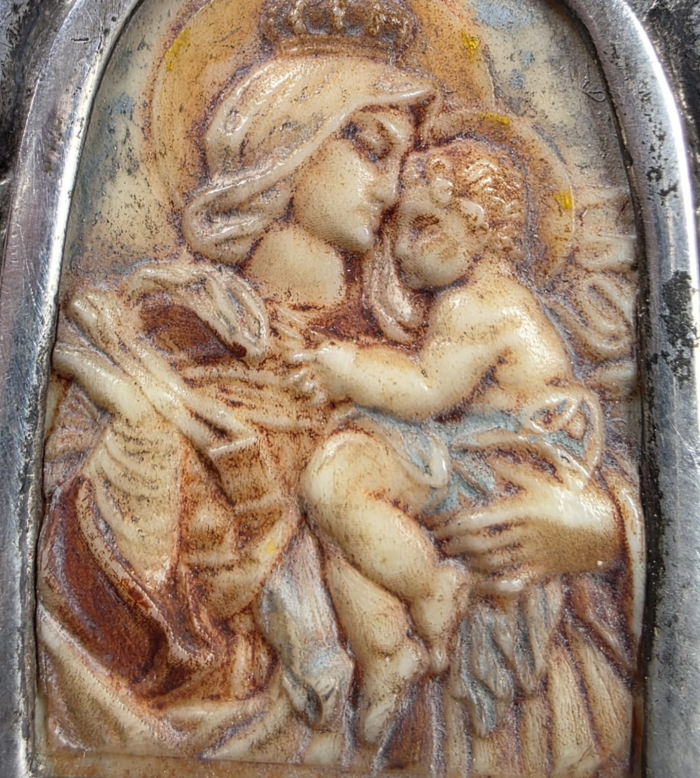 Fine Antique Art Nouveau Silver Gold Madonna Virgin Mary and Jesus Pendant C1900