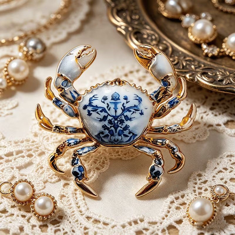 Blue and White Enamel Crab Brooch – Artistic Gold‑Tone Design-Elegant