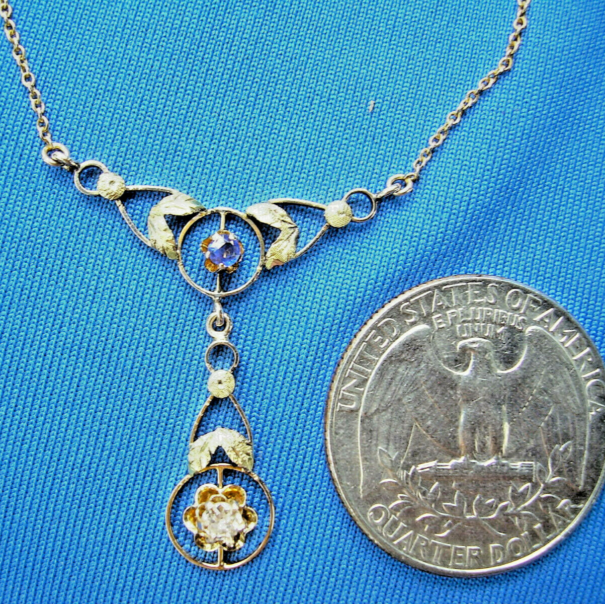 Original EARTH MINED DIAMOND SAPPHIRE Deco Pendant 14K GOLD Antique Necklaces