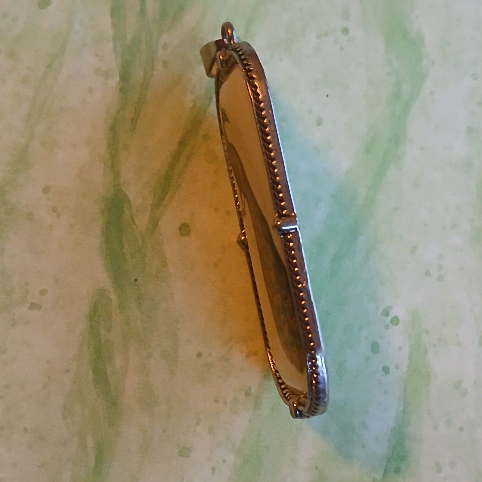 Vintage Pretty Peacock Bird Pendant Ceramic Rectangle Silver Tone 1 × 2 Inches