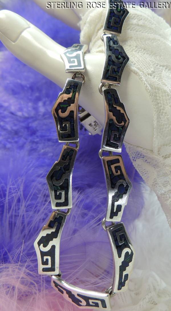 AZURE INLAID STURDY Sterling Silver 0.925 Estate 17″ NECKLACE w/ TONGUE & GROOVE