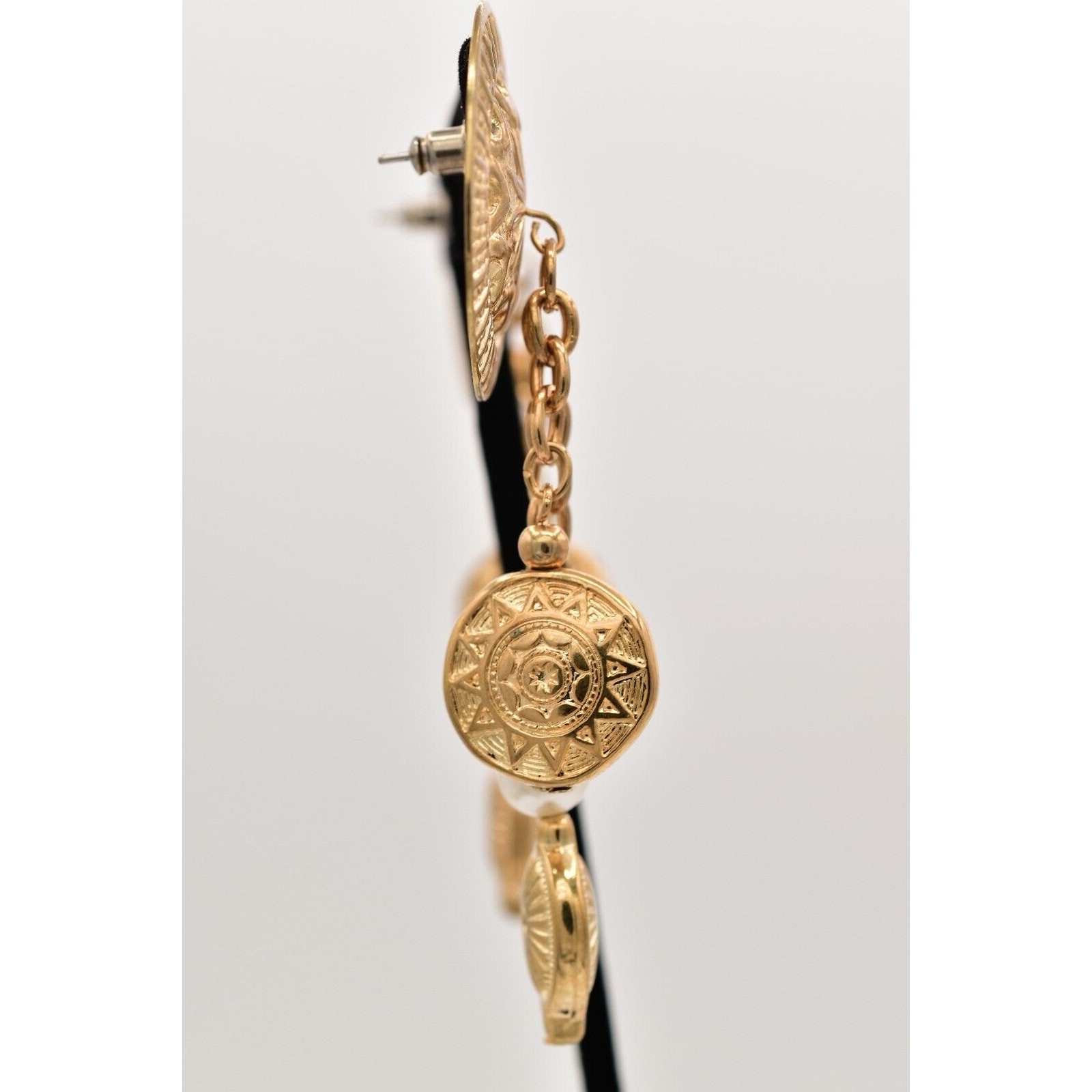 Vintage Coin Dangle Chain Earrings 3″ Pearl Etruscan Gold Chunky NOS 80s BinA18