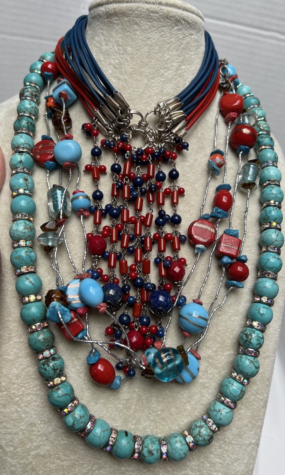 Lot Of 5 Vintage Necklaces Earrings Turquoise Howlite & Red Blue Bead