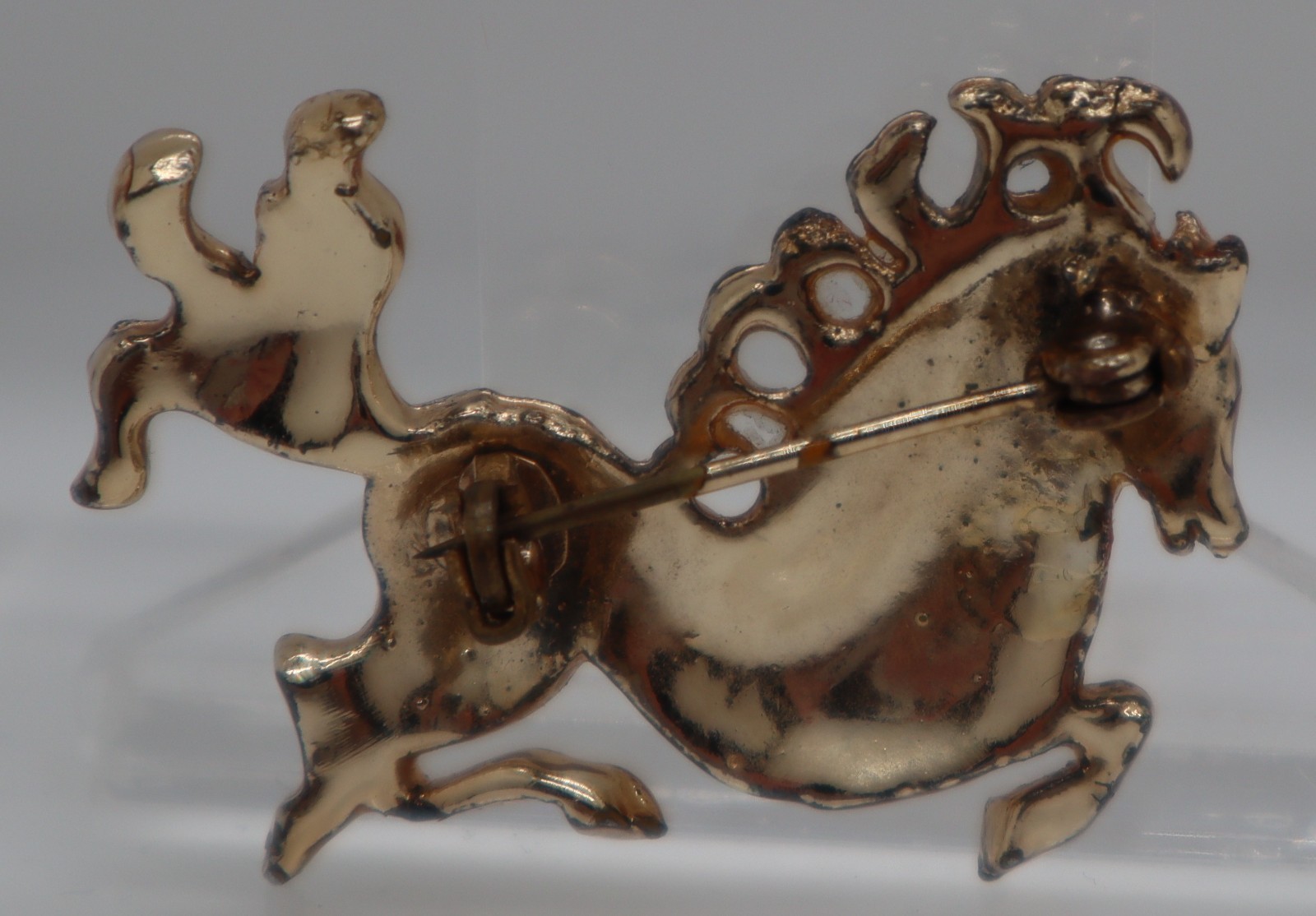 Vintage Figural Carousel HORSE Brooch Pin MCM Blue, Clear, Red Stones Gold tone