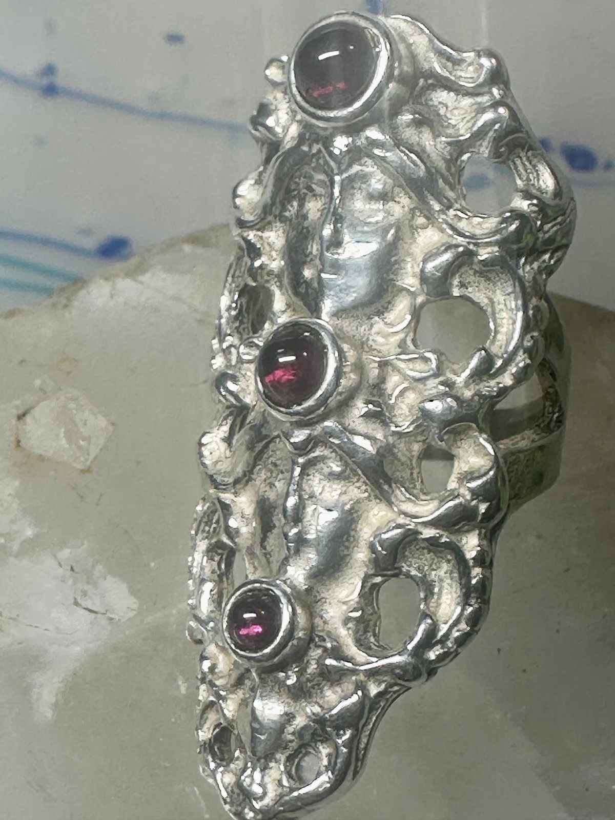 Face ring long figurative Art Deco influences garnets size 5.75 sterling silver