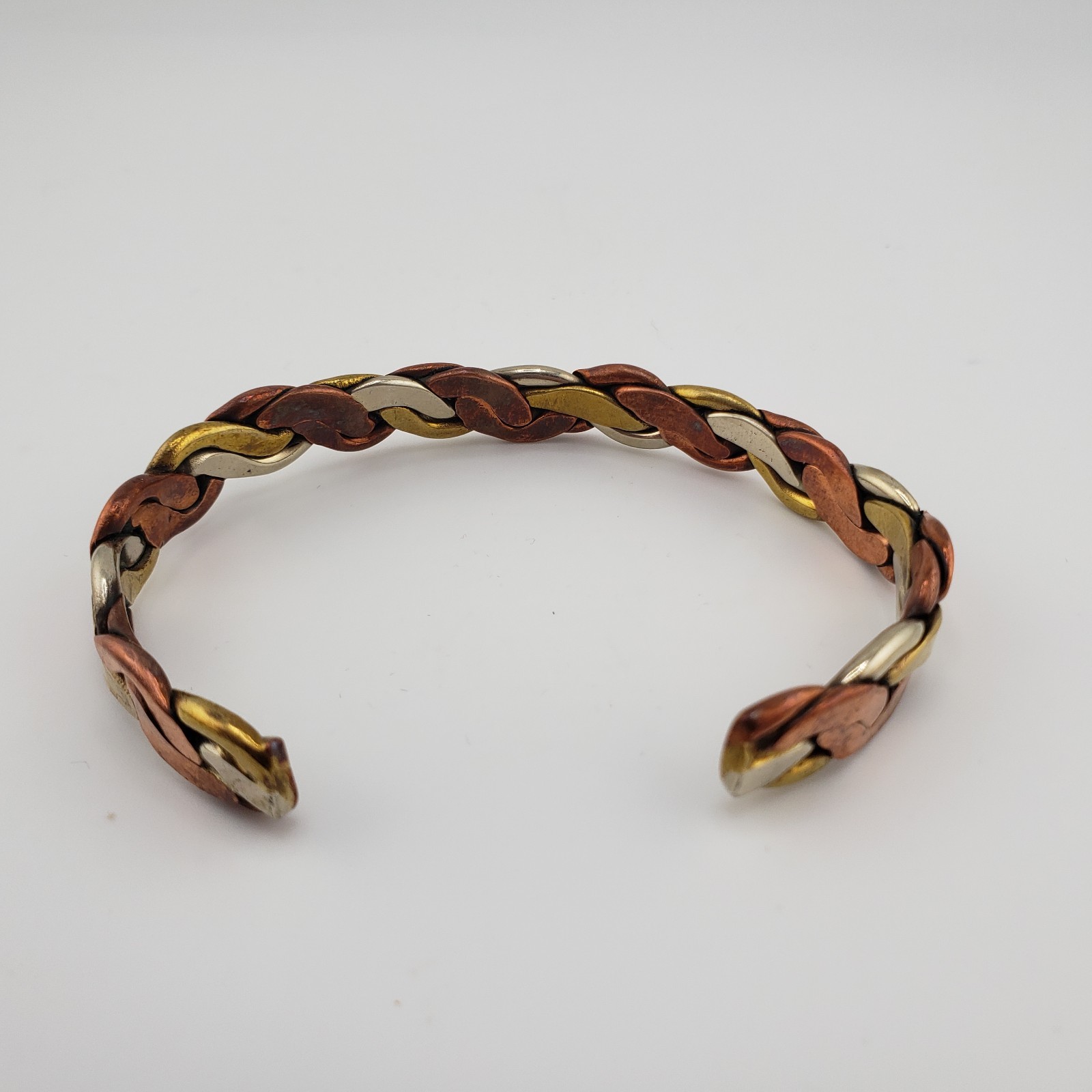 Vintage Tri Color Mens Cuff Bracelet Copper Brass Silver Tone Twist Braid
