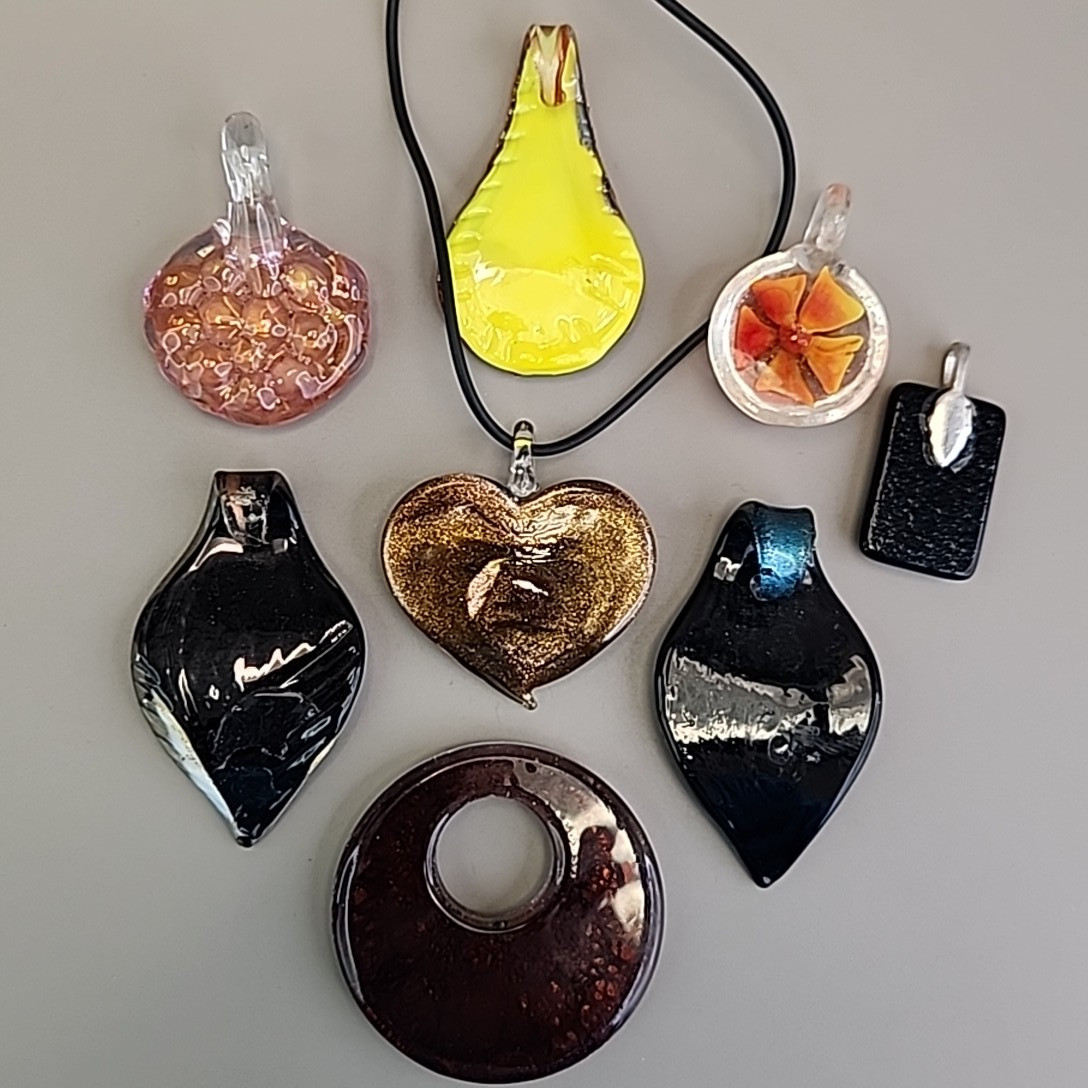 Vintage Glass Pendant Lot of 8 Red Artisan Foiled Fused One Cord