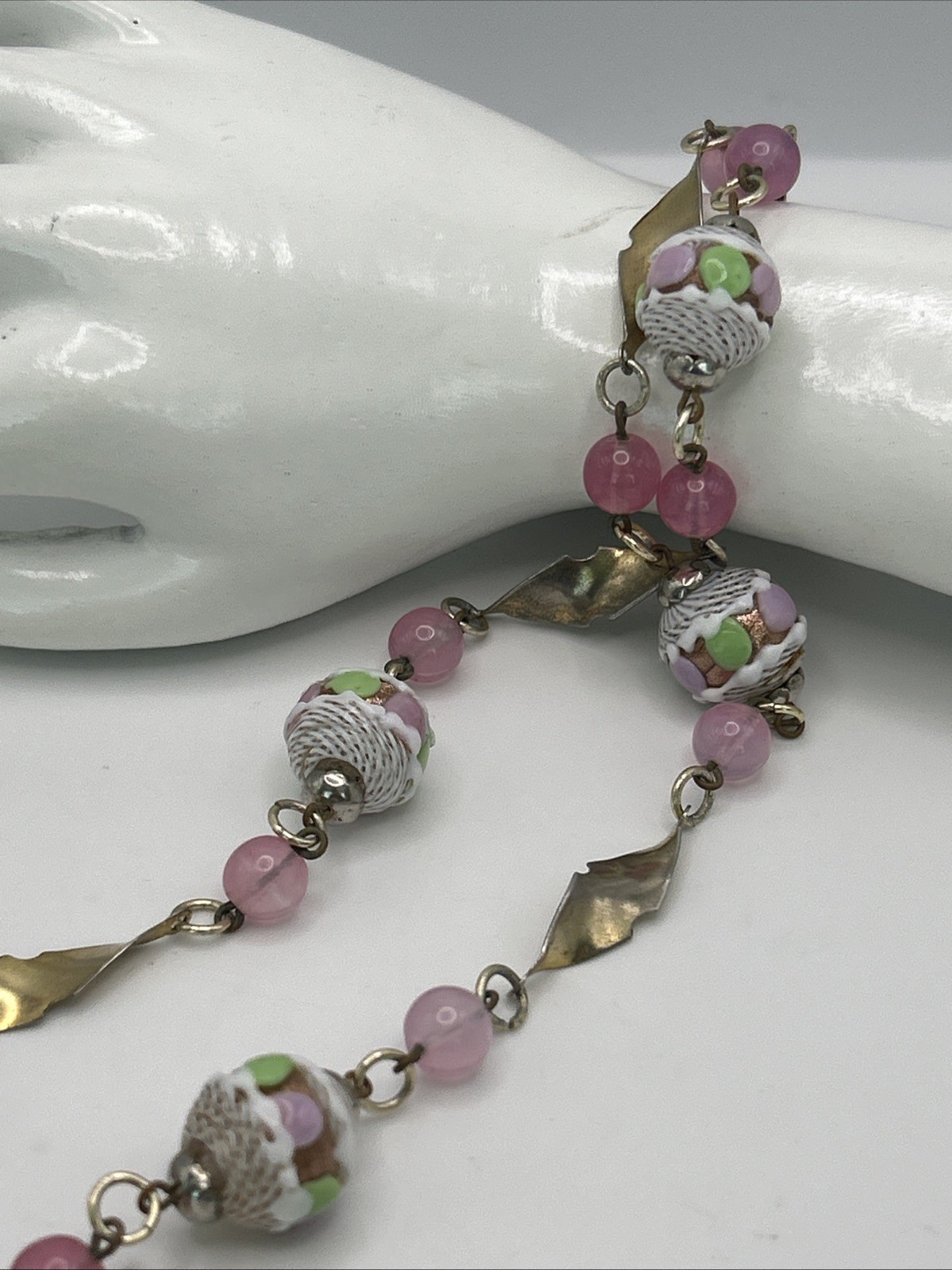 Venetian Italy Latticino Necklace Pink Green Purple White Gold Tone 1920’s VTG