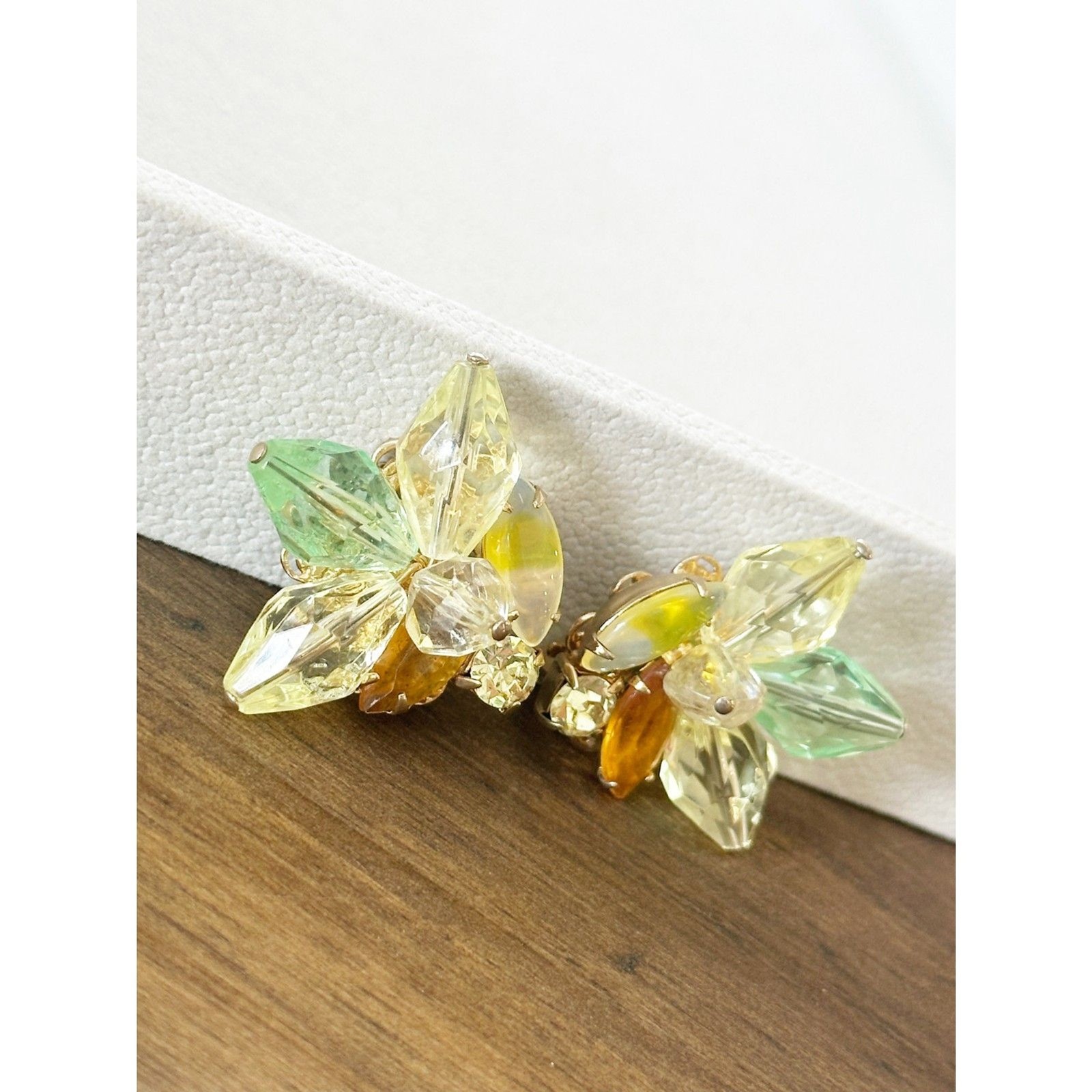 Juliana style givre rhinestone floral earrings yellow green Pastel Garden Party
