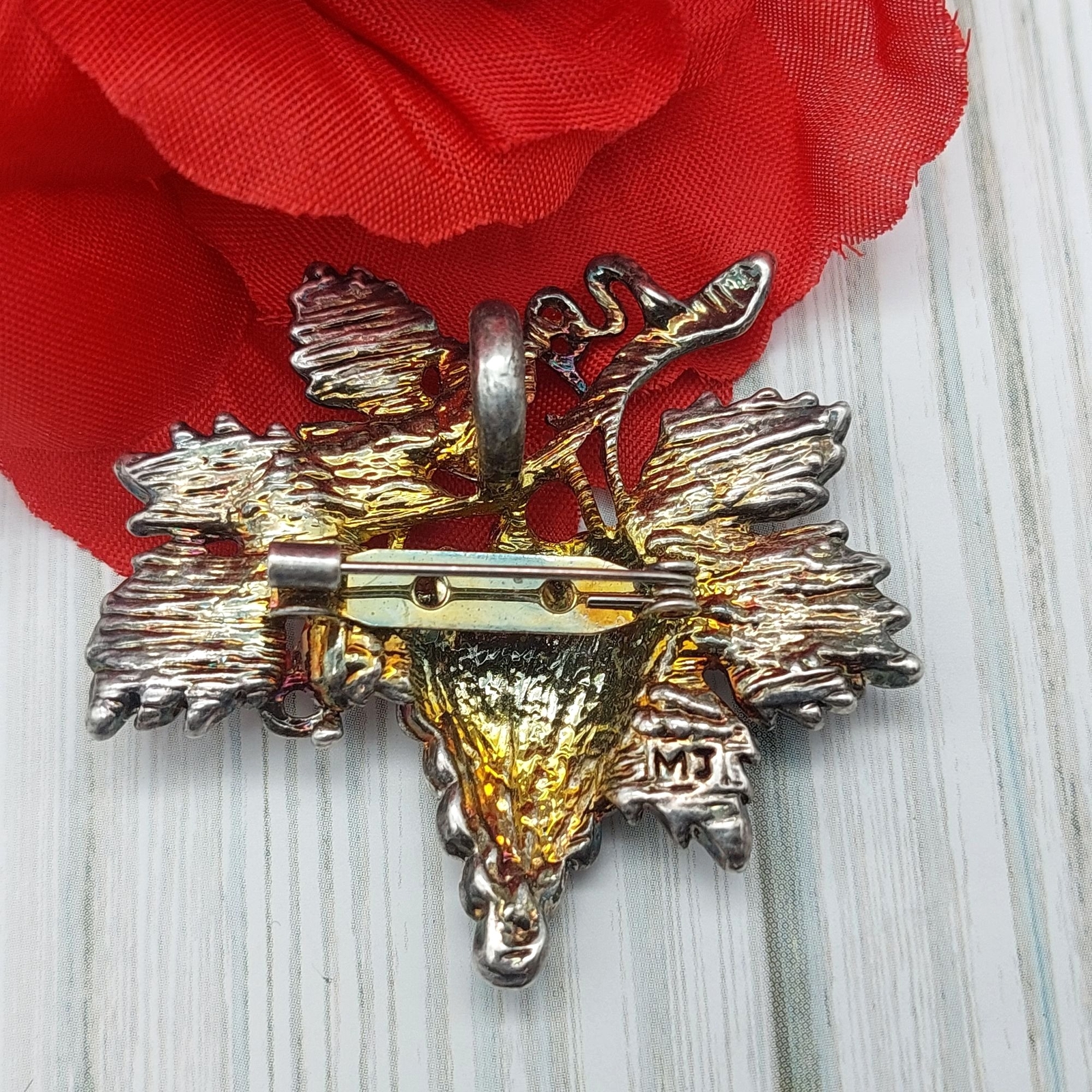 Vintage Bunch of Grapes on Vine Leaves Two Tone Brooch Signed MJ 2″ X 2″
