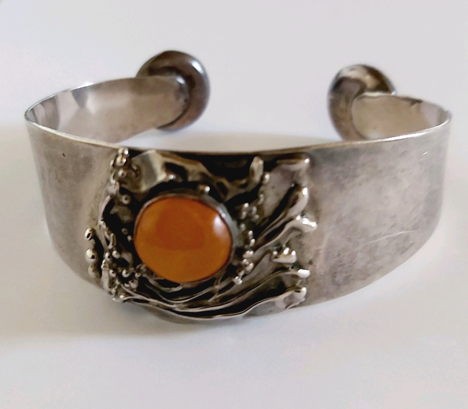 Antique Art Deco Sterling Silver Cuff Bracelet Original Design 3 Amber Inserts