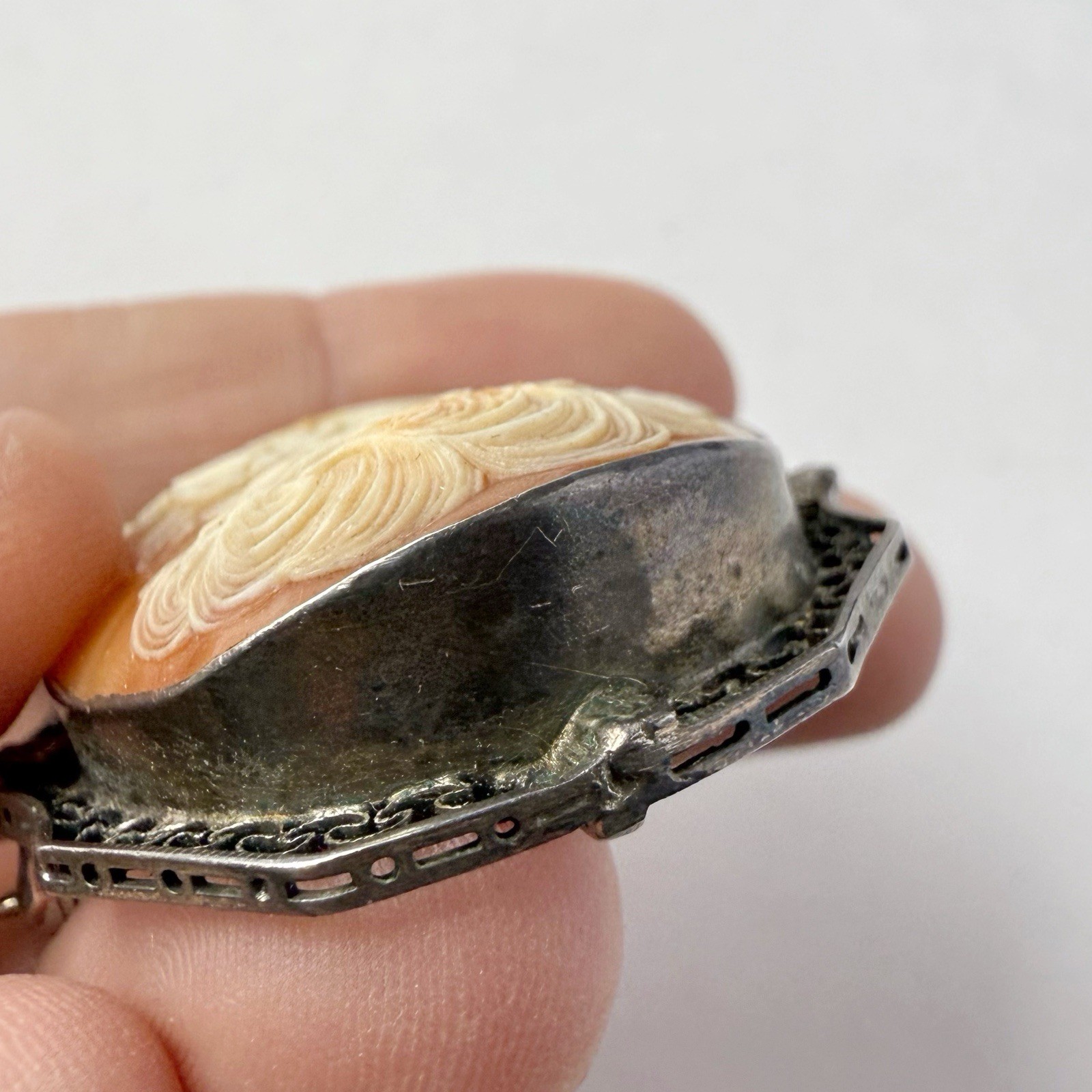 Antique Sterling Silver Carved Shell Victorian Lady Portrait Cameo Brooch Pin
